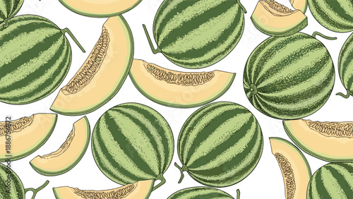 Seamless repeating pattern of whole watermelons and fresh cantaloupe slices on a clean white background for a summer design.