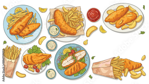 A delicious collection of classic fish and chips meals served on plates and in paper cones with sauces and lemon wedges.