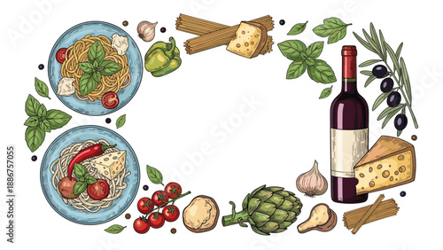 Italian cuisine concept frame with pasta dishes, red wine, cheese, and fresh ingredients on a clean white background.