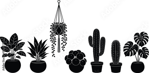 Collection of black indoor plant silhouettes featuring monstera, cactus, succulent, hanging macrame planter, and tropical foliage icons for minimalist home decor graphic design,