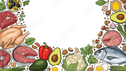 Ketogenic diet food frame with meat, fish, poultry, avocado, nuts, and vegetables arranged with central copy space.