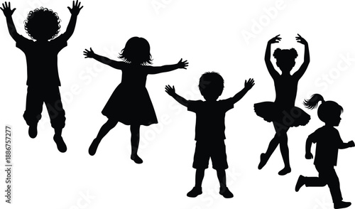 Collection of black silhouettes of happy children jumping, dancing, and running including a young ballerina and active kids for community youth design,