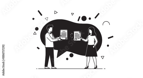 Business people discussing documents in a modern office setting with speech bubbles