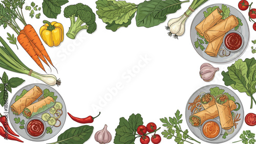 Asian cuisine frame with spring rolls on plates and fresh vegetable ingredients, providing central copy space for text.