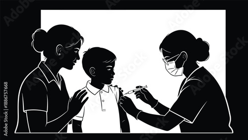 Doctor giving vaccine injection to child patient, nurse holding young boy for immunization, pediatric medical clinic scene, healthcare vaccination vector illustration, preventive medicine