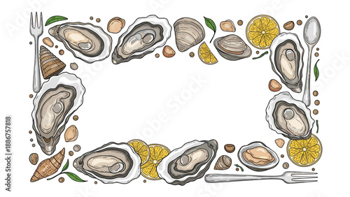 A rectangular frame of fresh oysters and clams with lemon slices and cutlery, perfect for a seafood restaurant menu.