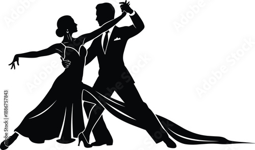 Elegant ballroom dancing couple silhouette vector, romantic man and woman in formal attire performing tango or waltz for wedding, competition, and event gala,