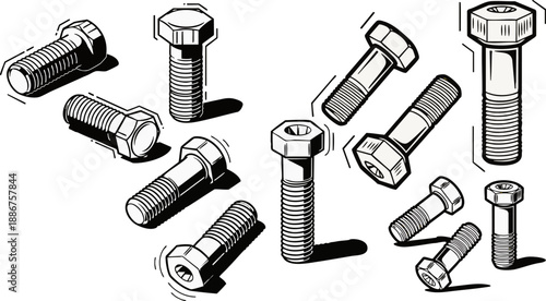 Set of 12 Hex Head Bolts Vector Illustration