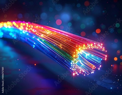 Fiber Optic Symphony:  A vibrant display of illuminated fiber optic cables radiates a spectrum of colors, showcasing the intricate beauty of modern technology.