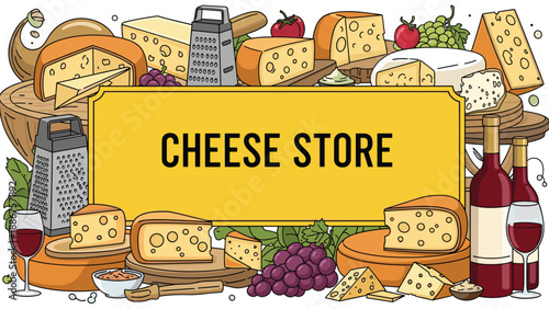 A banner for a cheese store featuring a wide assortment of cheeses, red wine, and grapes in a doodle cartoon style.