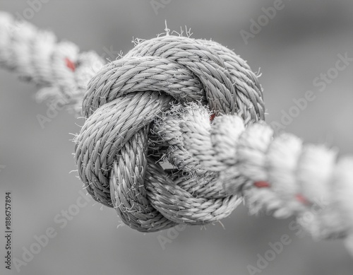 Knot in the Rope: Close-up monochrome of a complex knot formed in a durable rope, evoking feelings of intricacy, strength, and the interconnectedness of things.