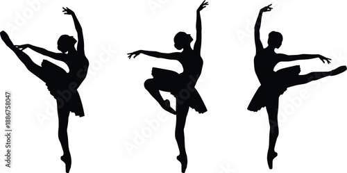 Elegant black silhouettes of graceful ballerina dancers performing classical ballet poses on pointe shoes wearing tutus for dance studio and theater design,
