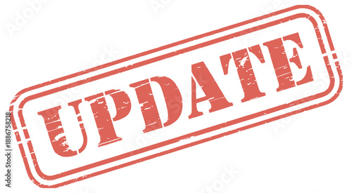 Update grunge rubber stamp, distressed red texture illustration, retro office label vector, document approval stamp graphic, warning and alert concept, vintage design element