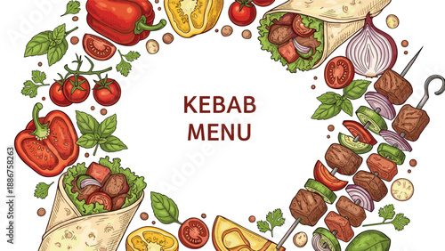 Kebab menu banner template with a circular frame of shish kebabs, doner wraps, and fresh vegetable ingredients.
