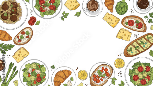 A food background frame with various breakfast and lunch items like salads, croissants, and coffee in a hand-drawn style.