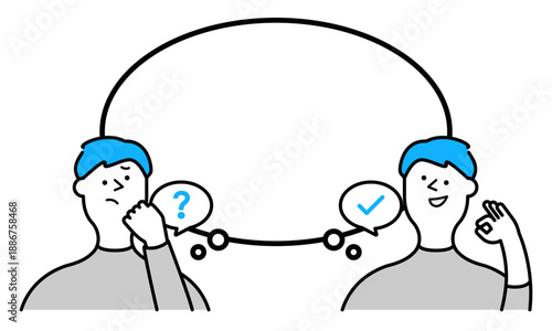 質問と回答を表現する人物イラストとふきだし｜FAQ・サポート向けフラットデザイン（水色）