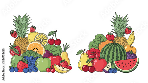 Two decorative corner arrangements of colorful, fresh, hand-drawn fruits and vegetables isolated on a white background.
