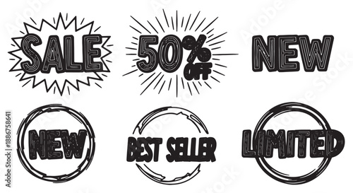 Black and white sale stickers with promotional text and symbols