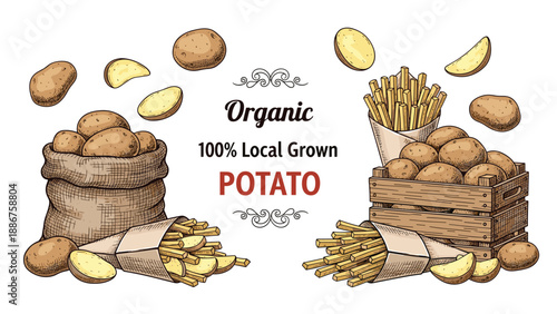 A vintage-style set of organic, locally grown potatoes, showing whole tubers, french fries, and potatoes in bags and crates.
