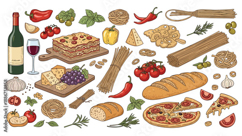 A large collection of classic Italian food items and ingredients, including pasta, pizza, lasagna, wine, and cheese.