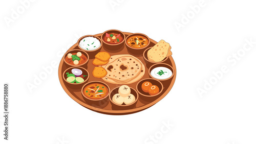 Illustration of a traditional Indian thali platter with a variety of colorful curries, breads, rice, and sweets.