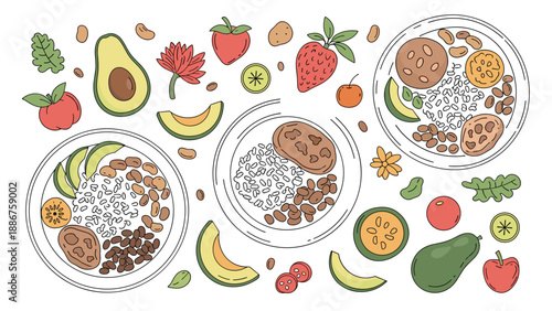 A set of hand-drawn healthy meal bowls with rice and beans, surrounded by fresh ingredients like avocado and strawberry.