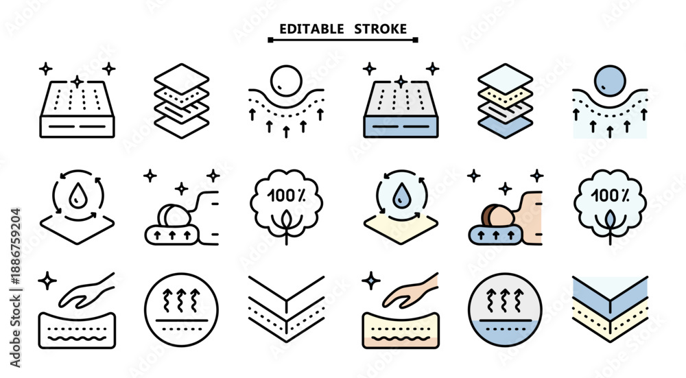 Fototapeta premium Memory Foam Mattress Icons: Color Flat Outline Symbols for Breathability, Firmness Support and Pressure Relief