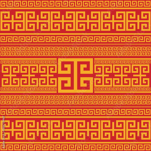 Classic Chinese style geometric border pattern with repeating spiral motifs in red and gold