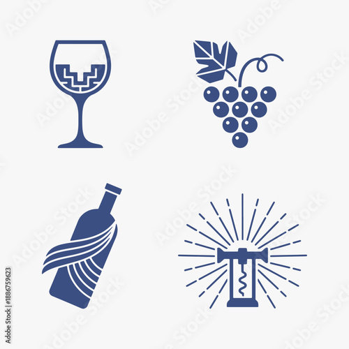 A set of Wine art deco icons in flat line style.
