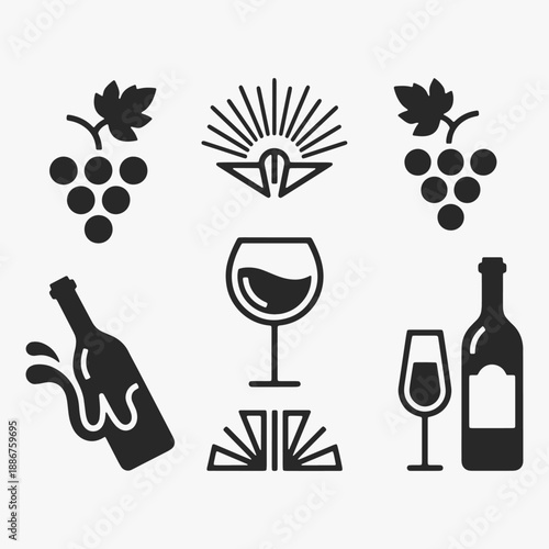 A set of Wine art deco icons in flat line style.