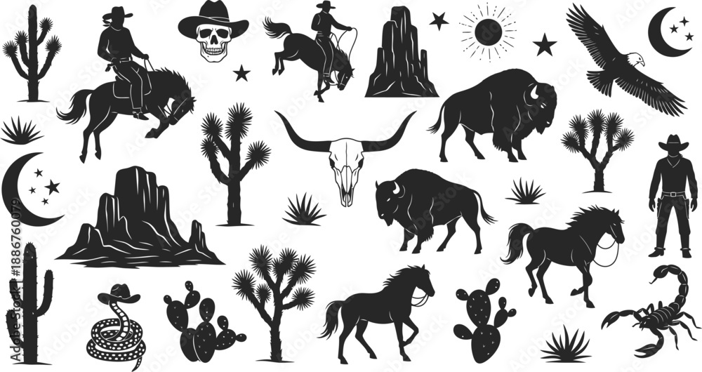 Obraz premium Wild west themed icons set cowboy, horse, skull, cactus, bison, eagle, scorpion, landscape