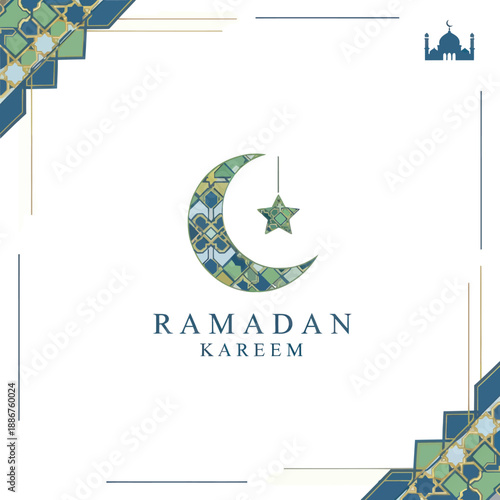 Ramadan Kareem Greeting with Crescent Moon and Star.