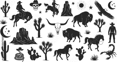 Wild west themed icons set cowboy, horse, skull, cactus, bison, eagle, scorpion, landscape