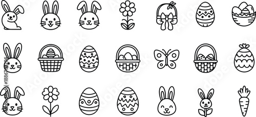 Easter sunday icons and symbols line drawings easter eggs bunny basket