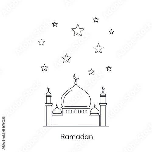 Simple line art illustration of a mosque with stars for Ramadan celebration.