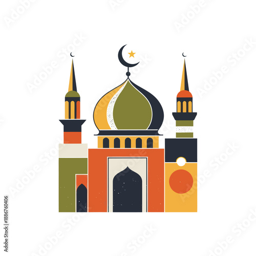 Colorful Mosque Illustration with Minarets and Crescent Moon.