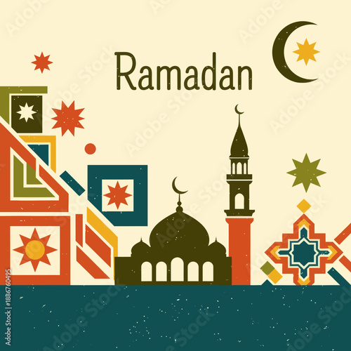 Ramadan Islamic holiday greeting card with mosque and stars.