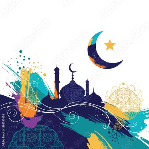 Islamic mosque silhouette with crescent moon and star.