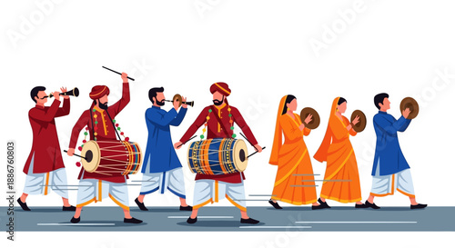 Illustration of people in traditional Indian attire marching in a parade with musical instruments and flags, conveying a festive mood with vibrant colors against a clean white background.