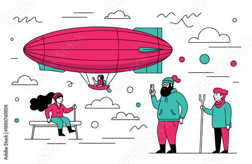 Zeppelin Illustration - Pink & Teal Vector Art