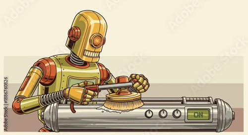 Robot cleaning a futuristic machine with a brush and soap