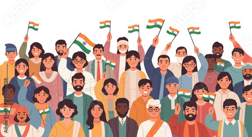 Illustration of diverse people of various ages holding Indian flags in a colorful and vibrant Republic Day celebration scene with a sense of patriotism and joy.