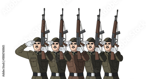 Illustration of soldiers in military uniforms saluting and holding rifles during a parade on Republic Day in India with a flag, conveying a sense of patriotism and national pride.