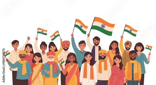 Illustration of diverse people, including children, waving Indian flags in celebration of Republic Day of India, with a vibrant and festive mood against a clean white background.
