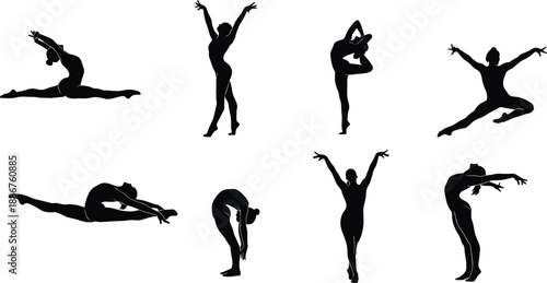 Female gymnasts silhouettes set, rhythmic gymnastics poses, athletic woman stretching and jumping, artistic dance figures, vector illustration isolated on white background, black