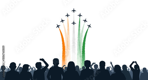 Illustration of people watching a military parade with cavalry and jets flying overhead, waving flags in orange, white, and green, on Republic Day in India.