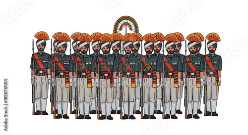 Illustration of a military parade on Republic Day in India featuring cavalry and people waving a flag with a vector style and patriotic mood.