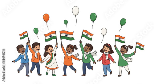 Illustration of children celebrating Republic Day in India with flags and balloons in a joyful procession.