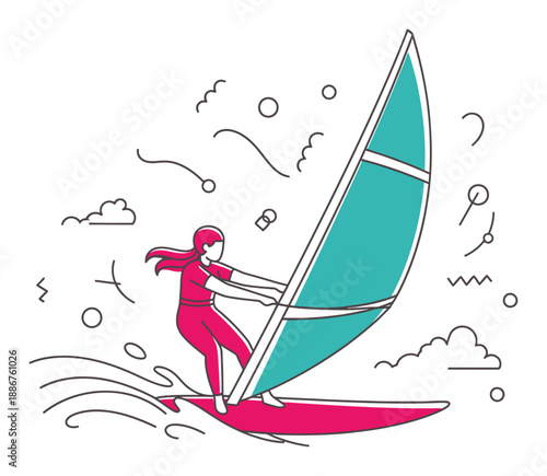 Windsurfing Vector Illustration - Pink & Teal Minimalist Sport