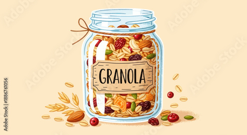 Illustration of a mason jar filled with granola and ingredients.